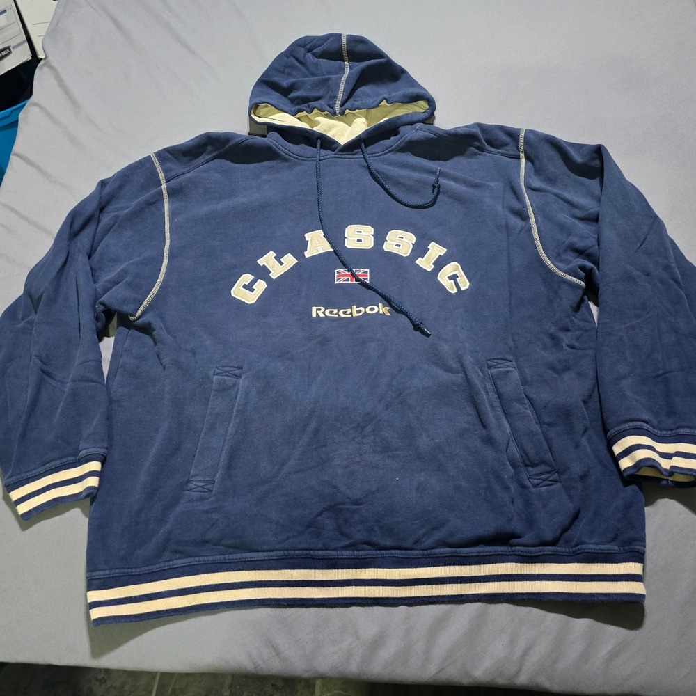 vintage Reebok Classic Hoodie Mens XL Navy Blue Embroidered Logo Pullover